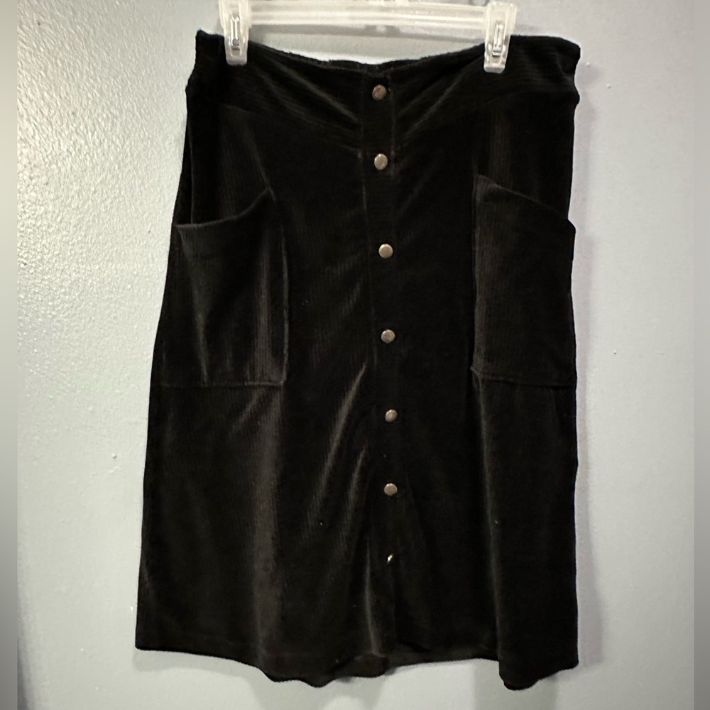 70s Black Velvet Button Mid-length Skirt Stretch with pockets size XL Vintage
